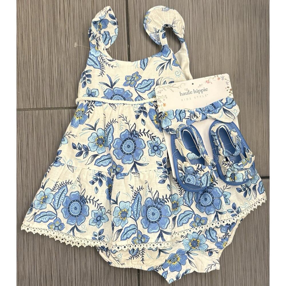 Haute Hippie Kids Style Dress Set White/Blue Floral Size 18 Months Bloomers